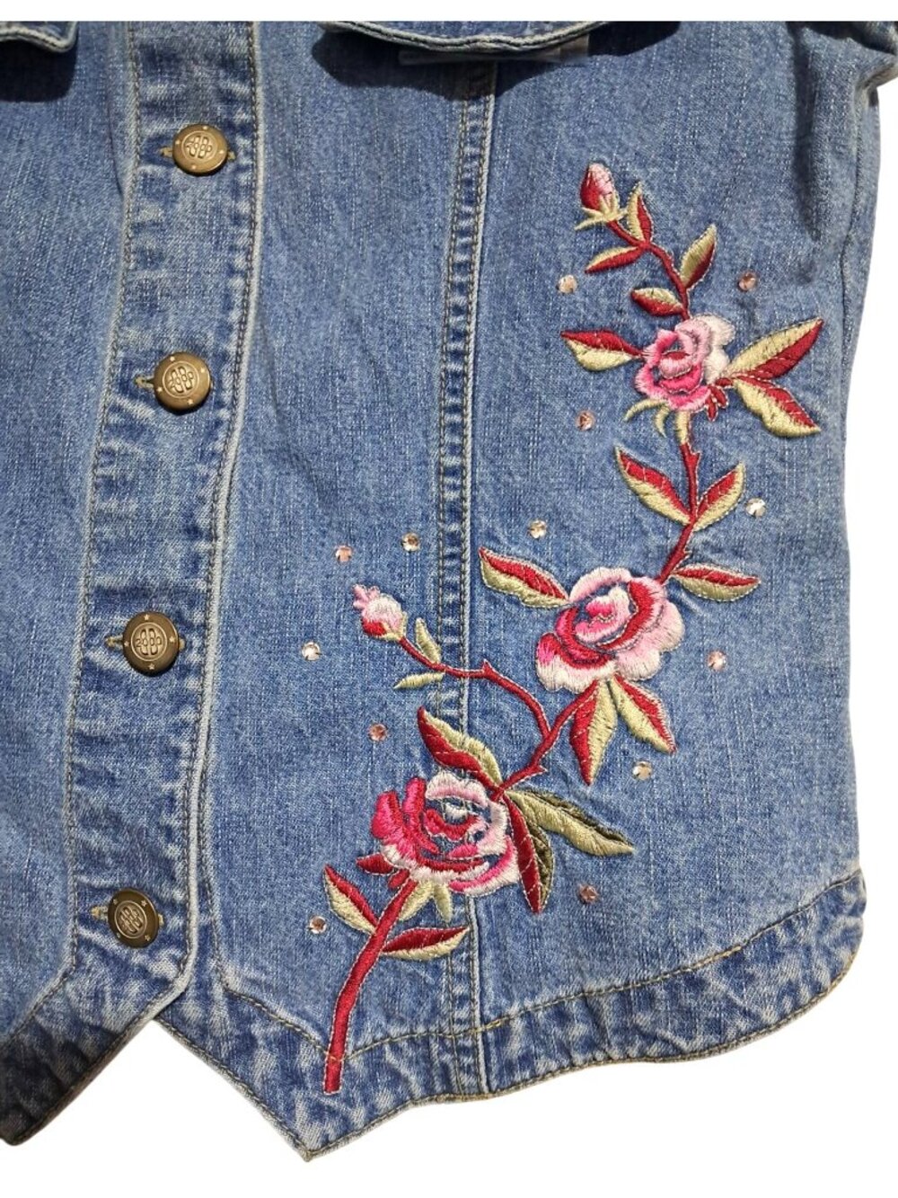 Vtg Bill Blass Denim Vest Womens M Medium Blue Boho Rose Embroidered Cotton Butt - Picture 6 of 13